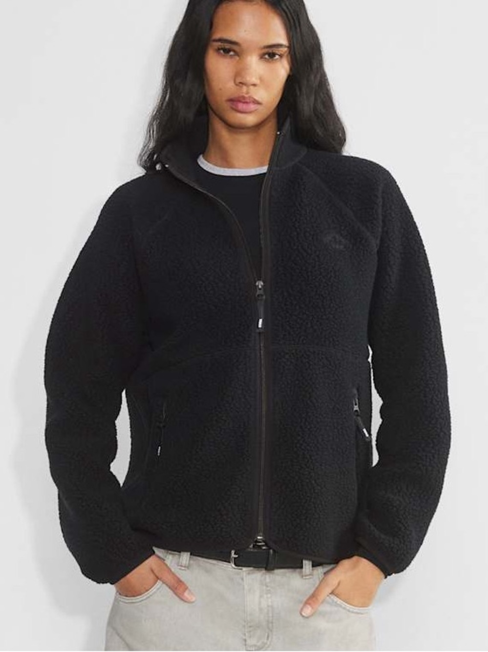 Aritzia TNA Polartec Thermal Pro Raglan Mockneck Zip-up Teddy Jacket Black Sz S